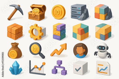 Isometric Cryptocurrency Mining and Blockchain Technology Icons Set