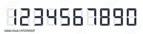 Digital display of black numbers in seven-segment style, including scoreboard, clock, stopwatch, calculator, and electronic meter icons.

