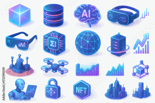 Isometric Icons Set Metaverse, AI, Blockchain, and Future Tech