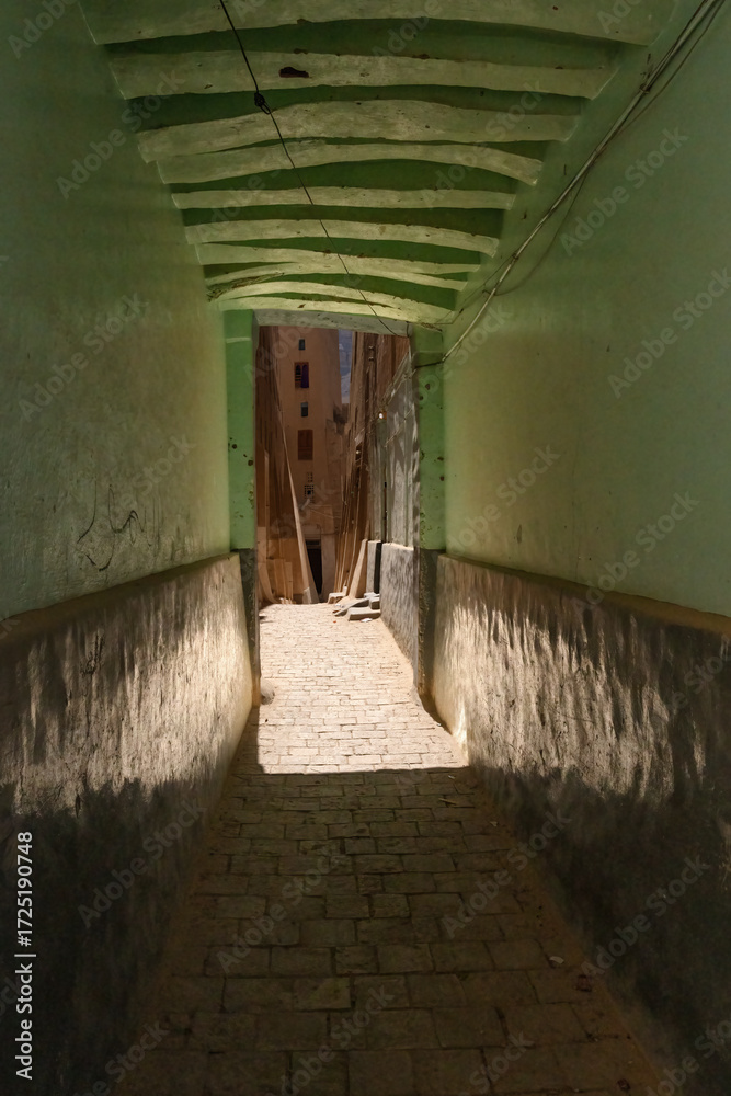 Obraz premium Narrow alley in Old Walled City of Shibam, known for its mudbrick-made high-rise buildings, a world heritage site in Yemen