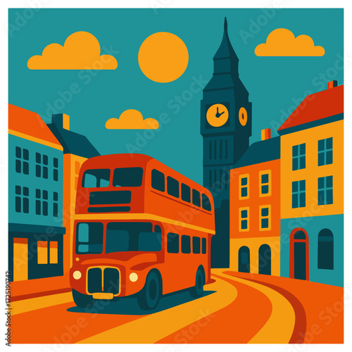 London Double-Decker Bus with Big Ben — UK City Street Travel Poster Vector