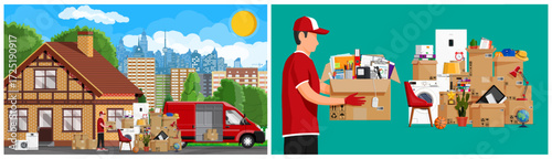 Man mover carries an office box with documents into a new house. Delivery service for home and office relocation. Logistic concept.