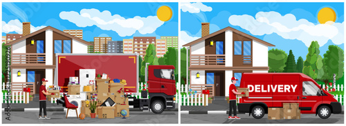Man moving to house and delivery man unpacking boxes. Relocation concept for family. Moving into neighborhood.