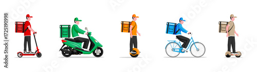 Men delivery service workers with hot food boxes using various vehicles. Courier delivering order with scooter, bike, unicycle, and hoverboard.