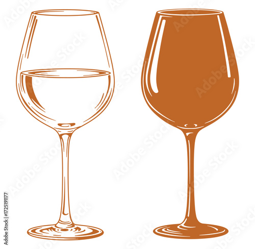 Elegant vector illustration of two wine glasses one filled and one empty on white