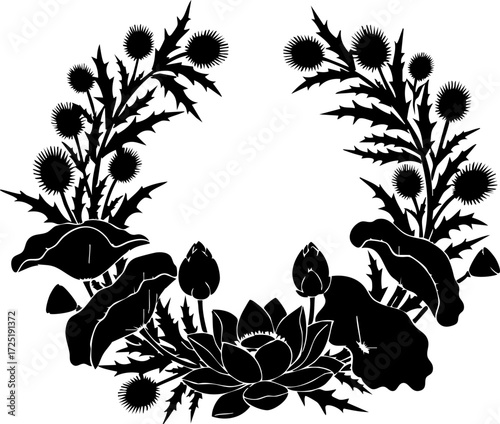 Φωτογραφία Elegant floral wreath featuring thistles and lotus flowers, a timeless botanical