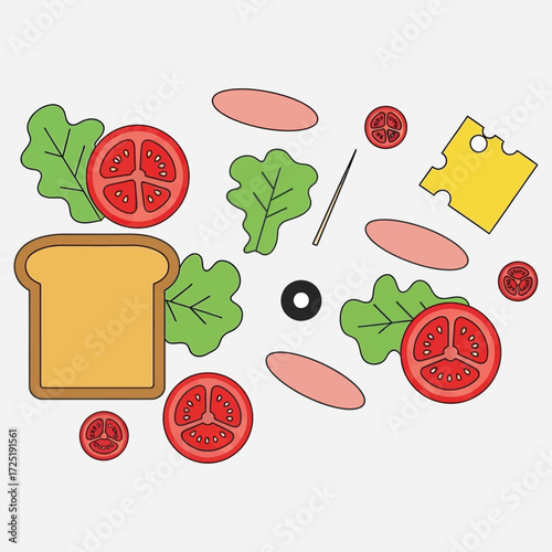 Delicious sandwich elements bread, tomato, lettuce, cheese, and sausage, a tasty food illustration