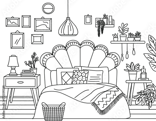 Bedroom Interior Line Art Coloring Page with Plants and Furniture illustration
