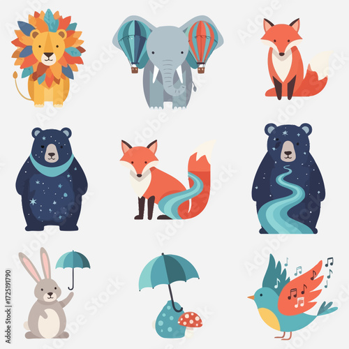 A charming collection of whimsical animal illustrations, showcasing stylized wildlife characters with vibrant artistic details and fantastical elements for delightful creative designs