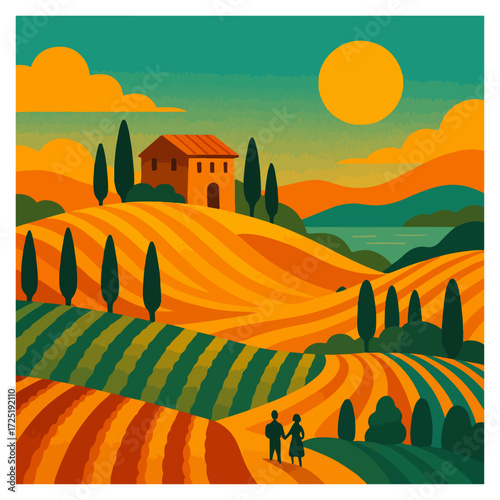 Tuscan Rolling Hills with Cypress and Farmhouse — Italy Countryside Sunset Poster
