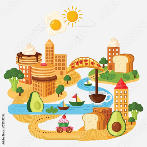 Whimsical city skyline crafted from delicious food items like pancakes, toast, avocados, and broccoli under a sunny sky, with a river flowing through