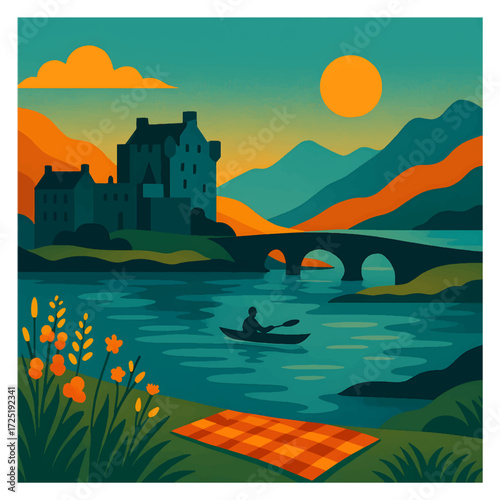 Eilean Donan Castle at Dusk — Scottish Highlands Lake & Bridge, Travel Poster