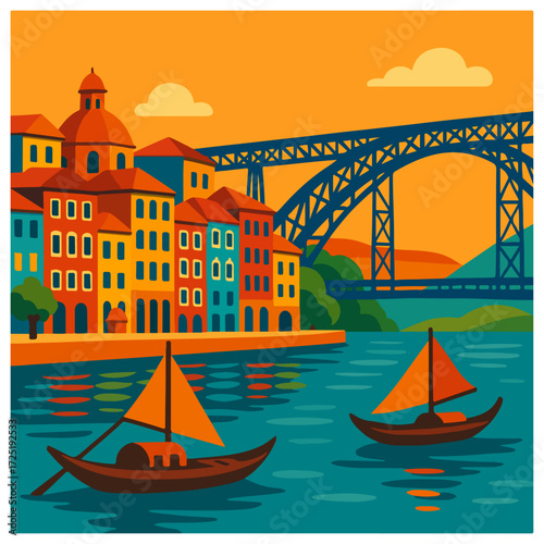 Porto Ribeira with Dom Luís I Bridge — Boats on Douro River, Portugal City Travel Poster
