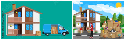 Moving to new house with delivery man carrying box. Delivery van with personal belongings. Home changing concept.