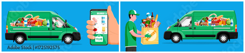 Man working as a delivery driver with van. Online grocery shopping and food delivery concept. E-commerce service application.