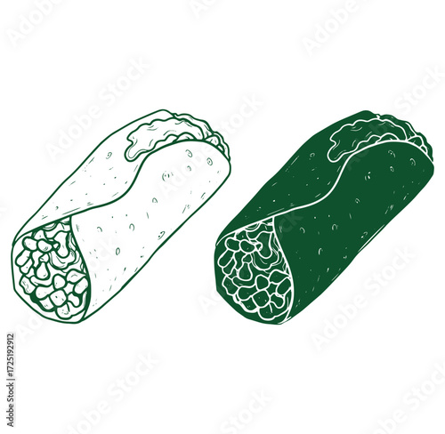 Hand-drawn vector illustration of two burritos showing the fillings and ingredients on white background