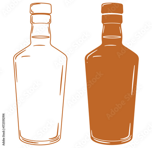 Hand drawn outline of whiskey bottles isolated on white background design elements
