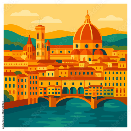 Florence Cathedral Skyline at Sunset — Tuscan City Panorama, Italy Travel Poster