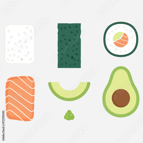 Creative vector icon set of fresh ingredients for preparing Japanese sushi rolls, featuring salmon, avocado, rice, and seaweed
