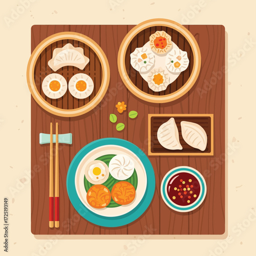 Top view of various Asian steamed dumplings