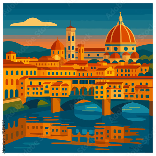 Florence Ponte Vecchio & Duomo over Arno River — Tuscany Italy Travel Poster