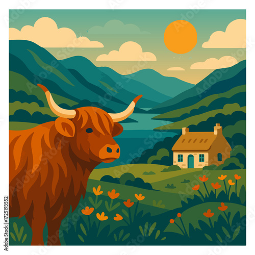 Scottish Highlands with Highland Cow and Cottage — Rural Landscape Travel Poster