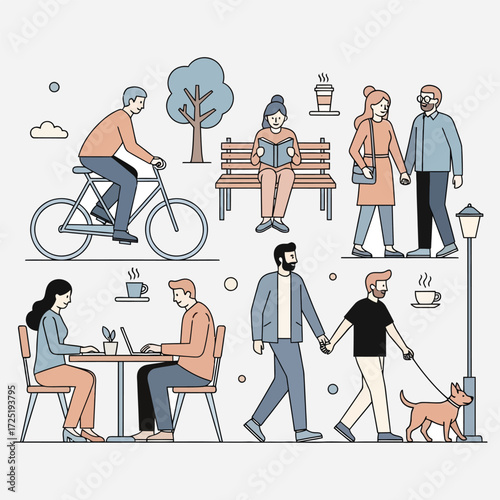 Diverse Urban Life Scenes Depicting Daily Routines and Leisure Activities of People in a Modern City Setting, Featuring Social Interactions and Individual Pursuits in a Flat Design Style
