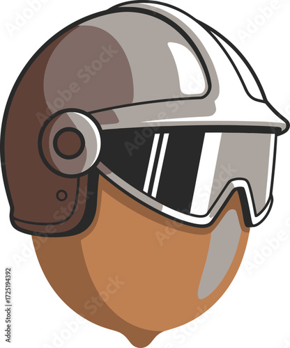 A tough cartoon nut character wearing a futuristic silver helmet with a reflective visor, ready for action.
