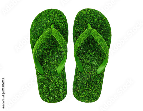Pair of flip-flops, covered in artificial green grass
