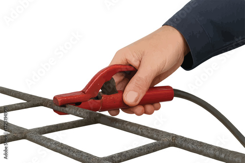 Worker hand holding welding clamp on iron bars