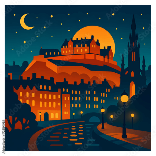 Edinburgh Castle at Night — Scotland City Skyline Reflections, Travel Poster Vector