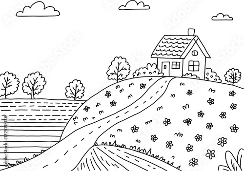 Countryside Scene with a House on a Hill, Road, and Fields in Outline rural landscape