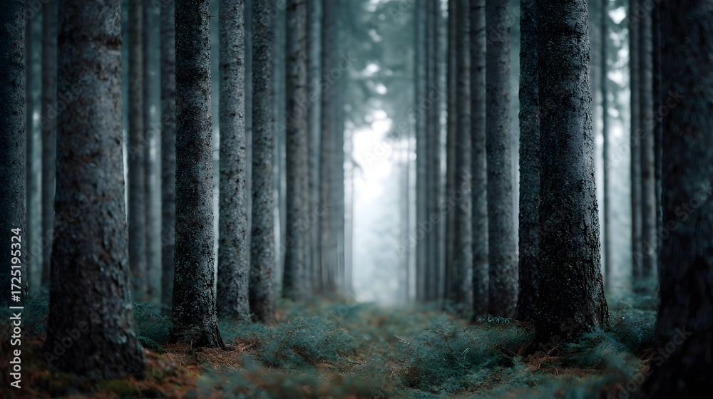 Naklejka premium A symmetrical forest path lined with tall trees soft light and gentle mist evoking tranquility