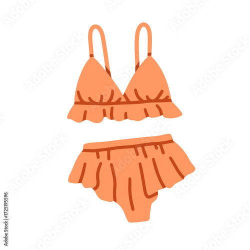 Bikini, female bathing suit. Modern two-piece swimwear, top and bottom. Beachwear, summer swimsuit for women. Ruffled beach wear, bra and panties. Flat vector illustration isolated on white background