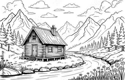 Log Cabin in a Mountainous Landscape with a Winding River house dwelling