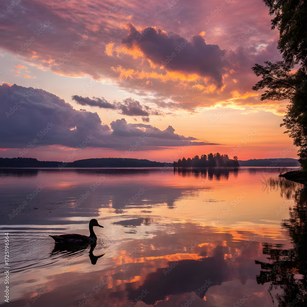 Obraz premium A duck gliding peacefully across a lake
