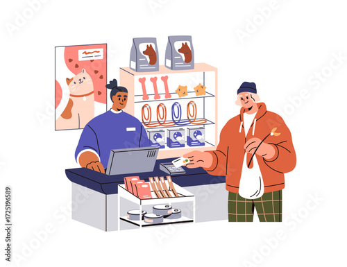 Pet store, shop checkout. Paying with bank card at cashless terminal, buying food for animal. Customer, cashier at payment counter, cash register. Flat vector illustration isolated on white background