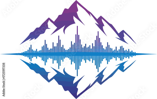 A stylized graphic of a mountain range and its reflection framing a blue and purple audio sound wave.