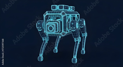 Blue Wireframe Robot Dog With Camera On Dark Background image photo