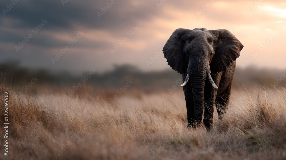 Fototapeta premium A majestic elephant stands in a dry savanna grassland during the golden hour sunset