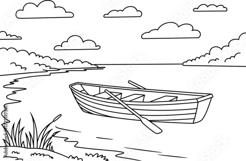 Rowboat on a Calm Lake with Clouds and Shoreline Outline water