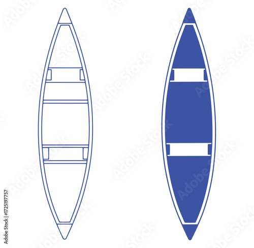 Overhead view of a canoe outline showing a design with a solid blue canoe graphic