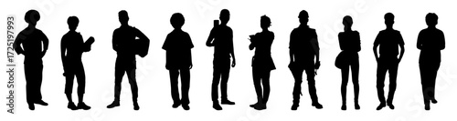 Collection of people different occupations or professions standing in a row vector silhouette set.