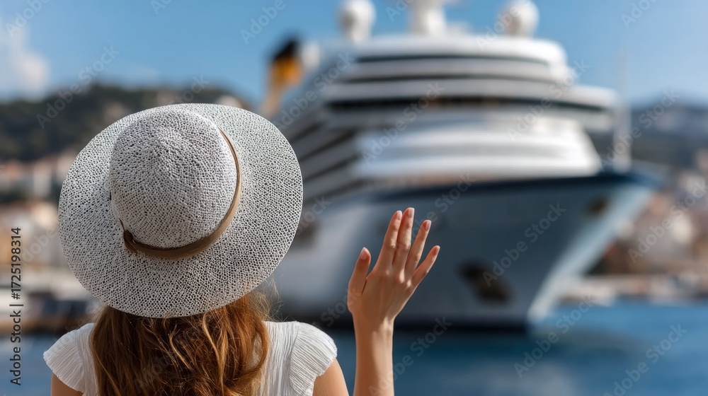 Fototapeta premium Happy Tourist Waving Goodbye to a Gigantic Cruise Ship, Woman with Hat in Tropical Paradise