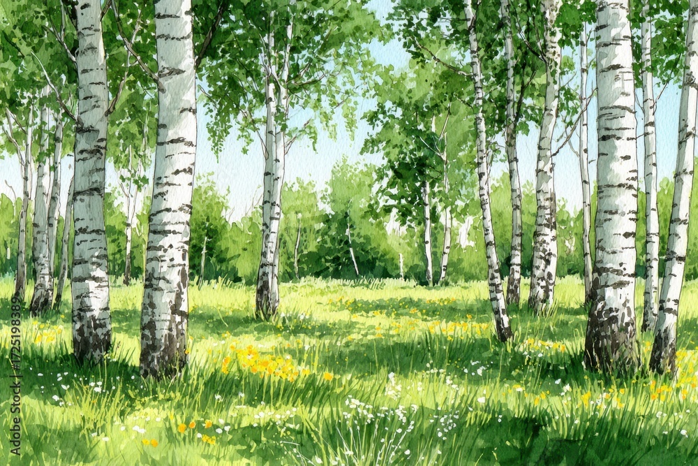 Fototapeta premium Watercolor painting forest landscape of birch trees in spring. 