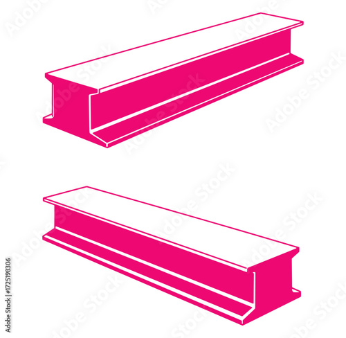 Pink and white perspective illustration of two steel i beam construction elements