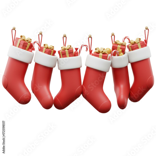 Hanging christmas stockings with gifts and candies holiday decorations