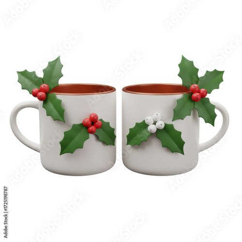 Pair of decorated holiday mugs with holly ornaments
