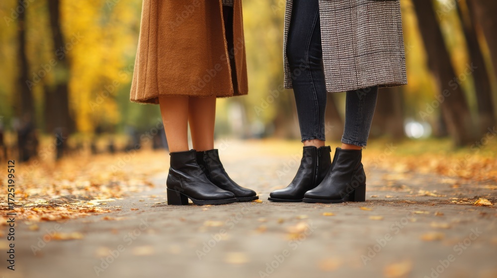 Obraz premium Women standing in a park in autumn. Focus on their fashionable ankle boots.