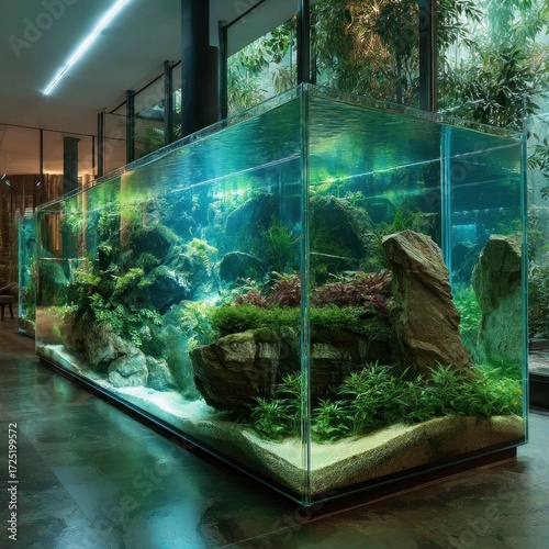 Immersive aquarium with underwater ecosystem in minimalist space design